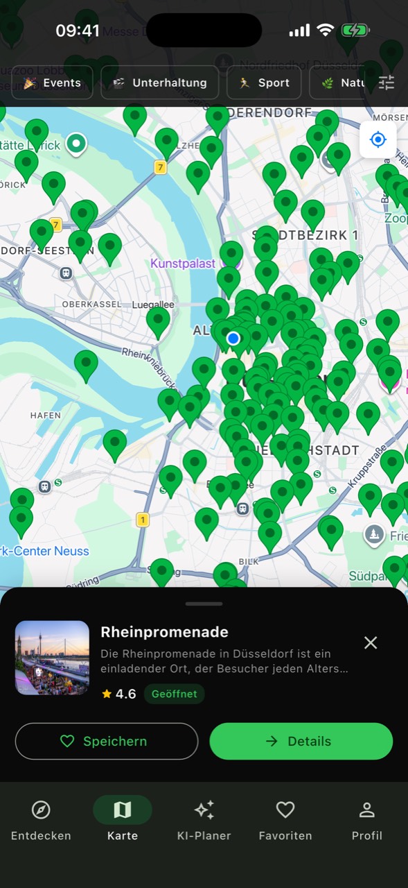Karte mit Aktivitäten-Pins in der Umgebung